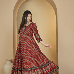 Gulmohar Jaipur Cotton Ankle Length Printed 3/4 Sleeves V-Neck Anarkali Kurta