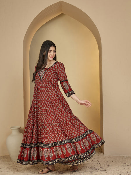 Gulmohar Jaipur Cotton Ankle Length Printed 3/4 Sleeves V-Neck Anarkali Kurta