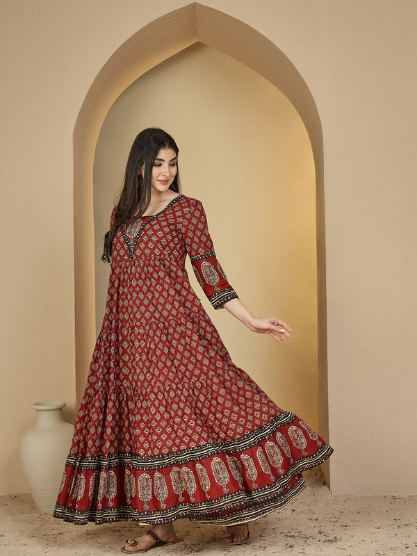 Gulmohar Jaipur Cotton Ankle Length Printed 3/4 Sleeves V-Neck Anarkali Kurta