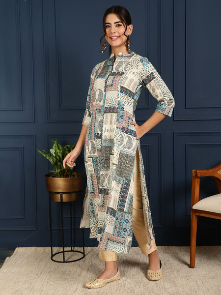 Blue Cotton Flex Calf Length Printed Mandarin Coller A-Line Kurta