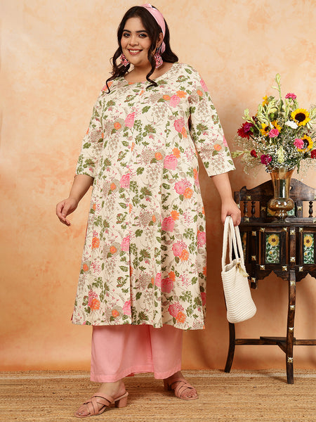 Cotton Flex  Calf Length Printed A-Line 3/4 Sleeves Round Kurta (Plus+)