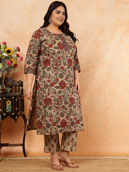 Cotton Calf Length Printed Straight 3/4 Sleeves Round Kurta Suit Set (Plus+)