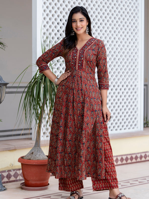 Maroon Cotton Calf Length Printed V-Neck Anarkali Kurta Suit Set