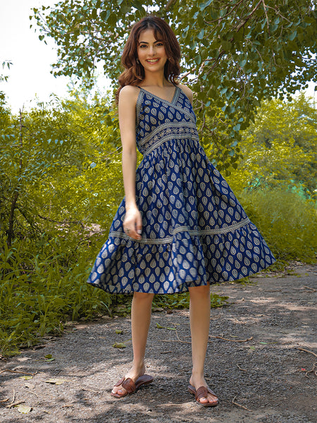 Gulmohar Jaipur Cotton Knee Length Printed Strappy Sleeve V-Neck Flared Dress