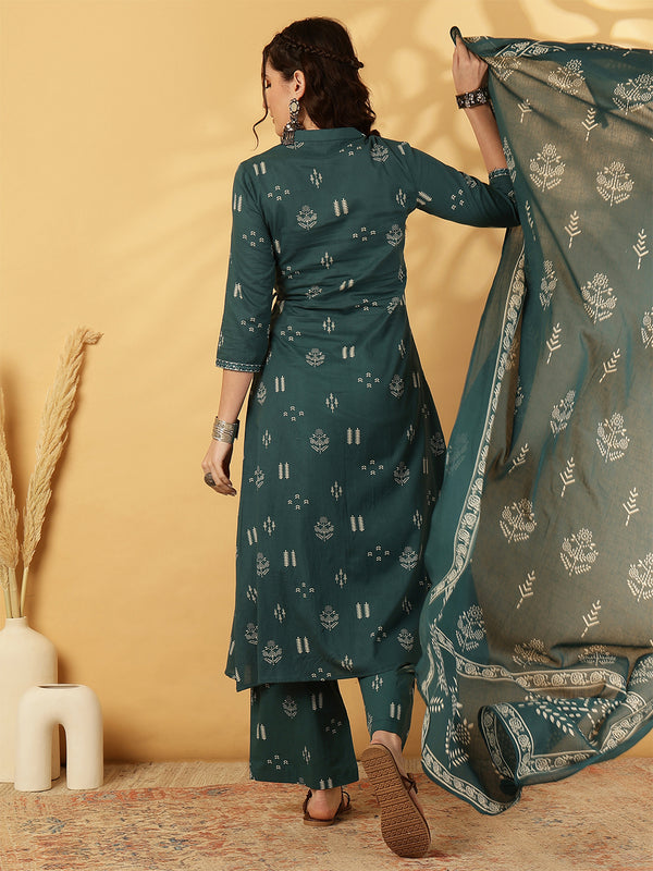 Rayon Calf Length Printed Straight 3/4 Sleeves V-Neck Kurta Bottom Dupatta Set