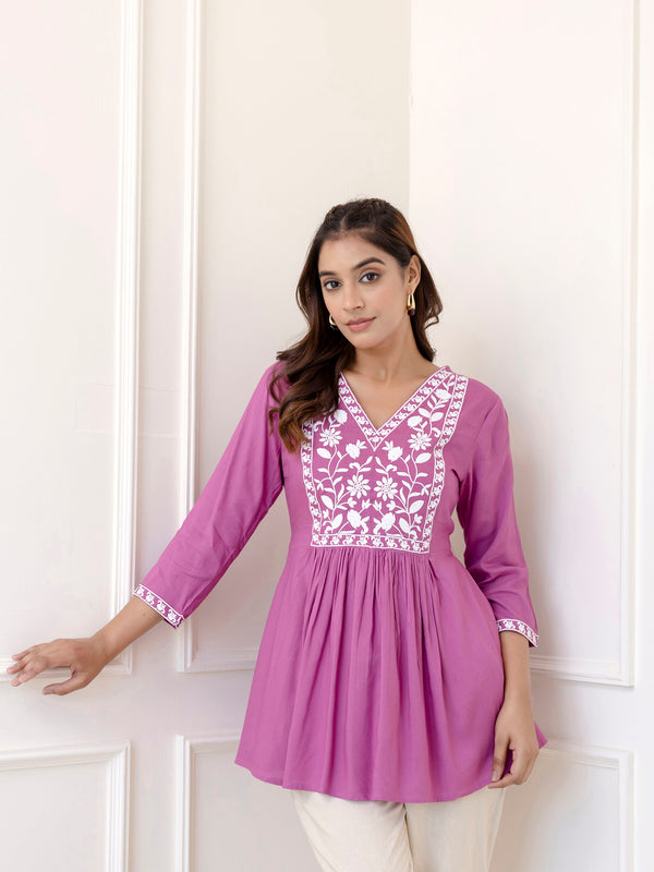 Lavender Rayon Hip Length Solid V-Neck Solid Embroidered Semi-Flared Top