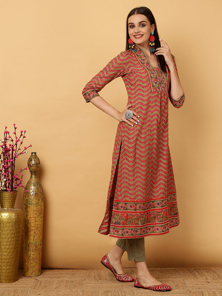 Green Cotton Calf Length A-Line V-Neck Kurta