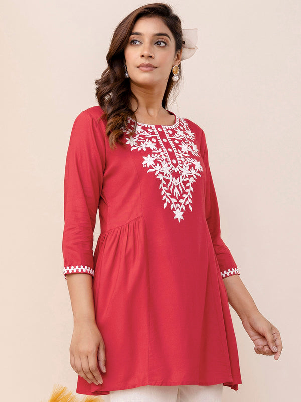 Coral Rayon Hip Length Solid Round Neck Solid Embroidered Straight Top