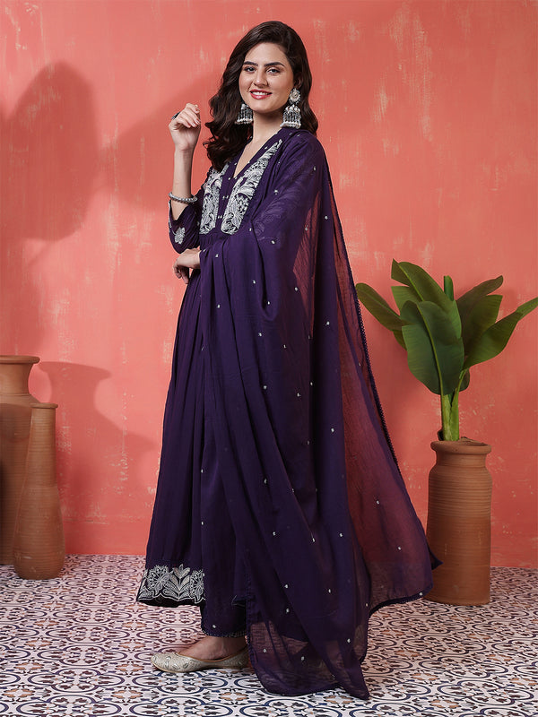 Purple Cotton Calf Length Solid 3/4 Sleeves V-Neck Anarkali Kurta Suit Set