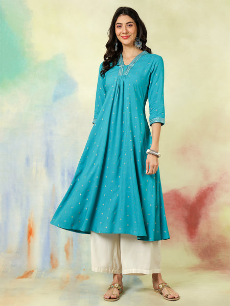Seagreen Rayon Calf Length Solid Semi-Flared V-Neck Kurta