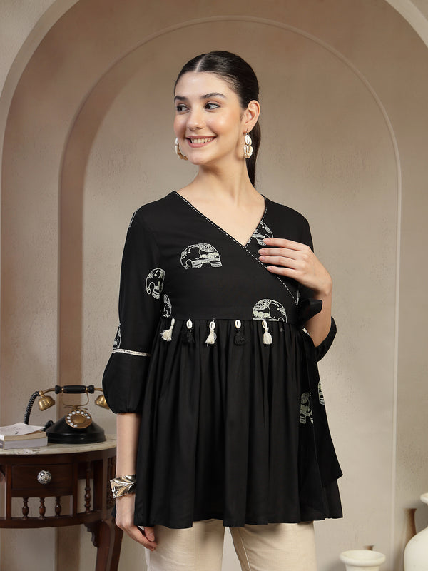 Gulmohar Jaipur Rayon Hip Length Printed 3/4 Sleeves V-Neck Flared Top