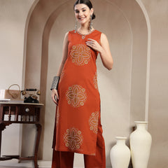 Gulmohar Jaipur Cotton Calf Length Printed Sleeveless Round Neck Straight Kurta Suit Set