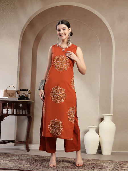 Gulmohar Jaipur Cotton Calf Length Printed Sleeveless Round Neck Straight Kurta Suit Set