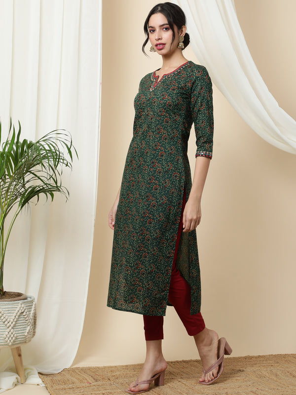 Cotton Calf Length Printed Straight 3/4 Sleeves Round Kurta