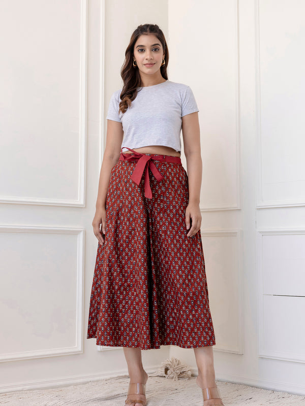 Maroon Cotton Calf Length Printed Flared Palazzo