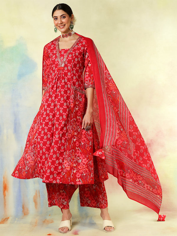 Black Pure Cotton Printed Embroidered Semi-Flared Kurta Suit Set