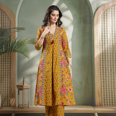Cotton Calf Length Printed 3/4 Sleeves V-Neck Flared Kurta Suit Set