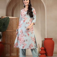 Gulmohar Jaipur Cotton Calf Length Printed 3/4 Sleeves V-Neck Straight Kurta Suit Set