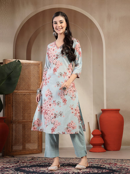 Gulmohar Jaipur Cotton Calf Length Printed 3/4 Sleeves V-Neck Straight Kurta Suit Set