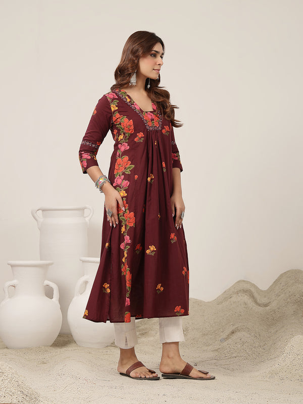 Rayon Calf Length Printed 3/4 Sleeve V-Neck Flared Kurta