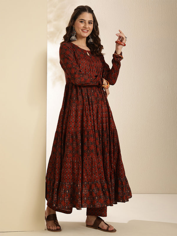 Maroon Pure Cotton Printed Keyhole Neck Anarkali Kurta Suit Set