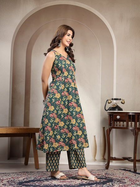 Cotton Calf Length Printed Sleeveless V-Neck Flared Kurta Suit Set