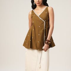 Cotton Hip Length Solid Sleeveless V-Neck Flared Top