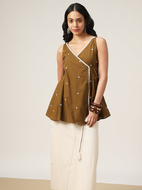 Cotton Hip Length Solid Sleeveless V-Neck Flared Top