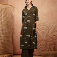 Gulmohar Jaipur Rayon Calf Length Printed 3/4 Sleeves V-Neck Straight Kurta Suit Set
