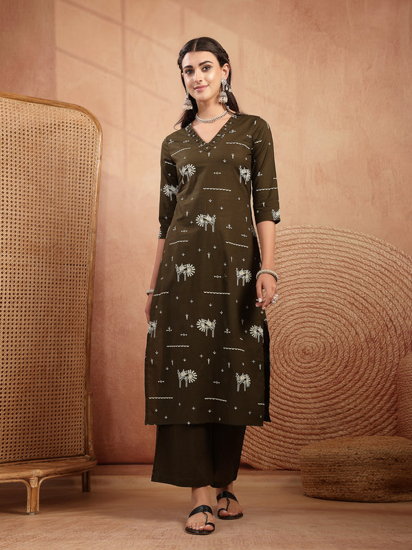 Gulmohar Jaipur Rayon Calf Length Printed 3/4 Sleeves V-Neck Straight Kurta Suit Set