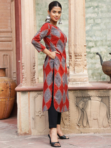 Maroon Cotton Calf Length Printed Straight Round Neck Kurta