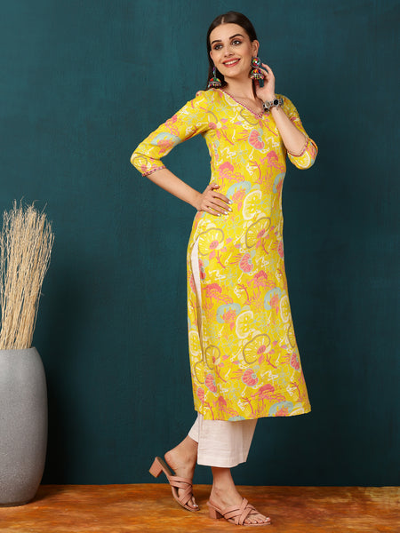 Rayon  Calf length Length Floral  Straight 3/4 Sleeves V  Kurta