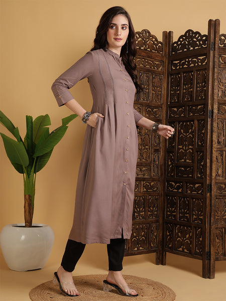 Light Brown Rayon Calf Length Solid A-Line Mandarin Neck Kurta