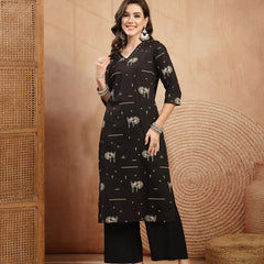 Gulmohar Jaipur Rayon Calf Length Printed 3/4 Sleeves V-Neck Straight Kurta Suit Set