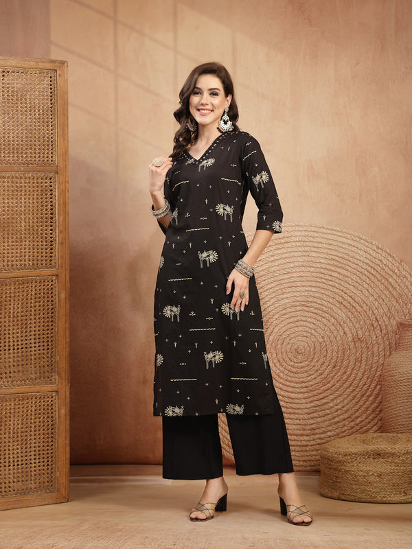 Gulmohar Jaipur Rayon Calf Length Printed 3/4 Sleeves V-Neck Straight Kurta Suit Set