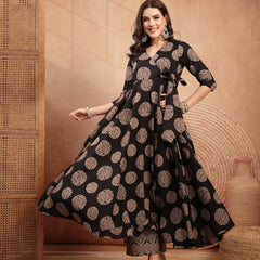 Gulmohar Jaipur Cotton Calf Length Printed 3/4 Sleeve V-Neck Anarkali Kurta Suit Set