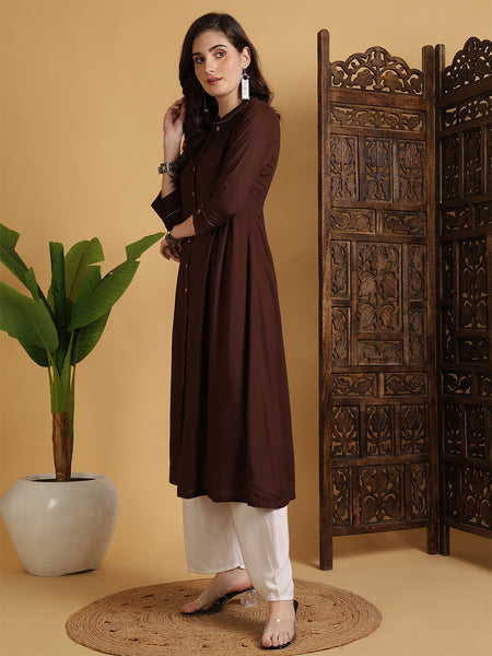 Brown Rayon Calf Length Solid A-Line Mandarin Neck Kurta