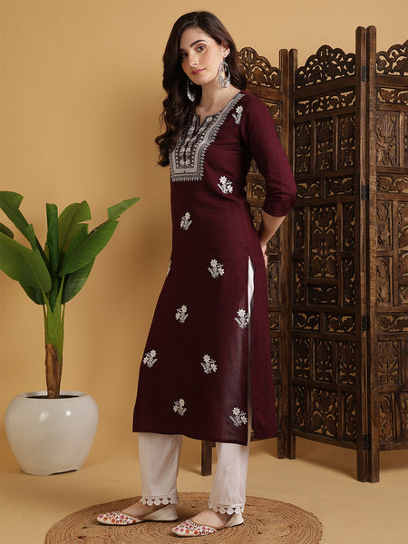 Wine Rayon Embroidered Calf Length Solid Straight Round Neck Kurta