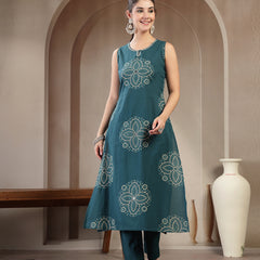 Gulmohar Jaipur Cotton Calf Length Printed Sleeveless Round Neck Straight Kurta Suit Set