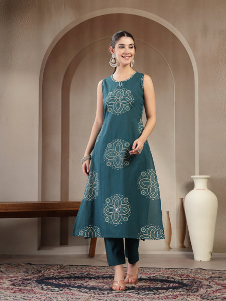 Gulmohar Jaipur Cotton Calf Length Printed Sleeveless Round Neck Straight Kurta Suit Set