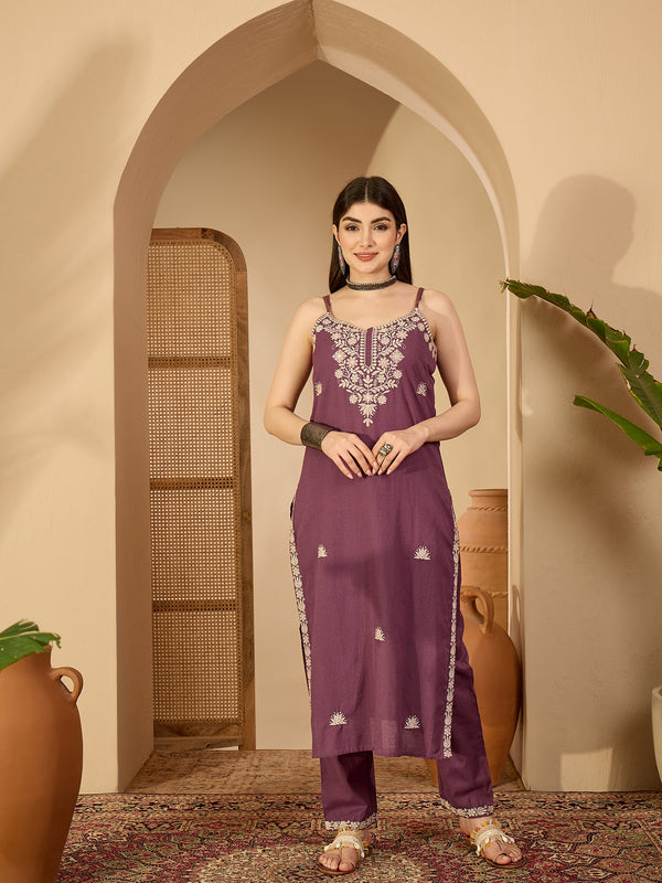 Gulmohar Jaipur Cotton Calf Length Solid Sleeveless V-Neck Straight Kurta Suit Set