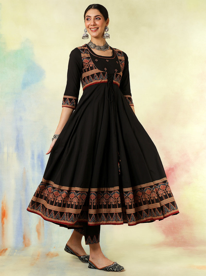 Black Pure Cotton Printed Embroidered Anarkali Kurta Suit Set