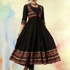 Black Pure Cotton Printed Embroidered Anarkali Kurta Suit Set