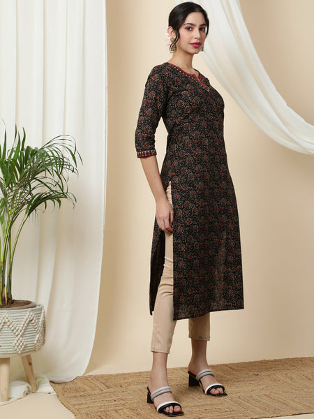 Cotton Calf Length Printed Straight 3/4 Sleeves Round Kurta