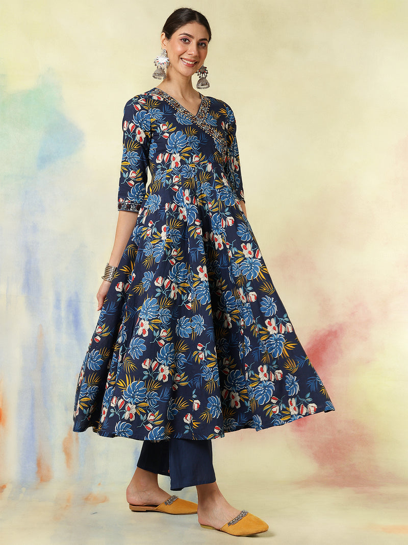Black Pure Cotton Printed hand-Work Anarkali Kurta Suit Set