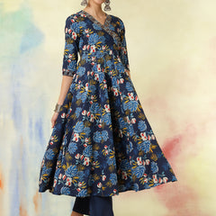 Black Pure Cotton Printed hand-Work Anarkali Kurta Suit Set