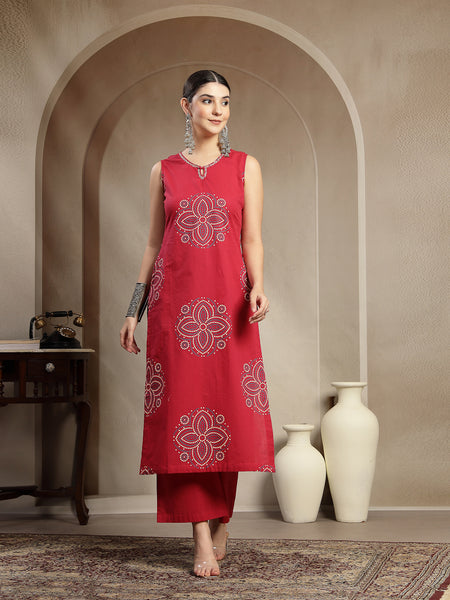 Gulmohar Jaipur Cotton Calf Length Printed Sleeveless Round Neck Straight Kurta Suit Set