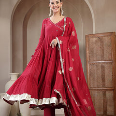 Gulmohar Jaipur Malmal Calf Length Solid Full Sleeves Anrakha Neck Anarkali Kurta Suit Set