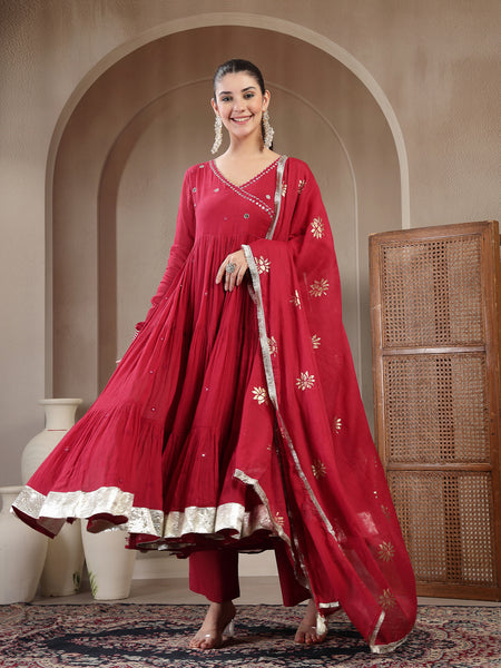 Gulmohar Jaipur Malmal Calf Length Solid Full Sleeves Anrakha Neck Anarkali Kurta Suit Set