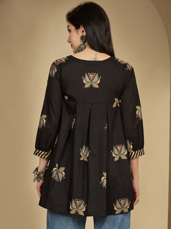 Gulmohar Jaipur Rayon Hip Length Printed 3/4 Sleeves Round Neck Flared Top